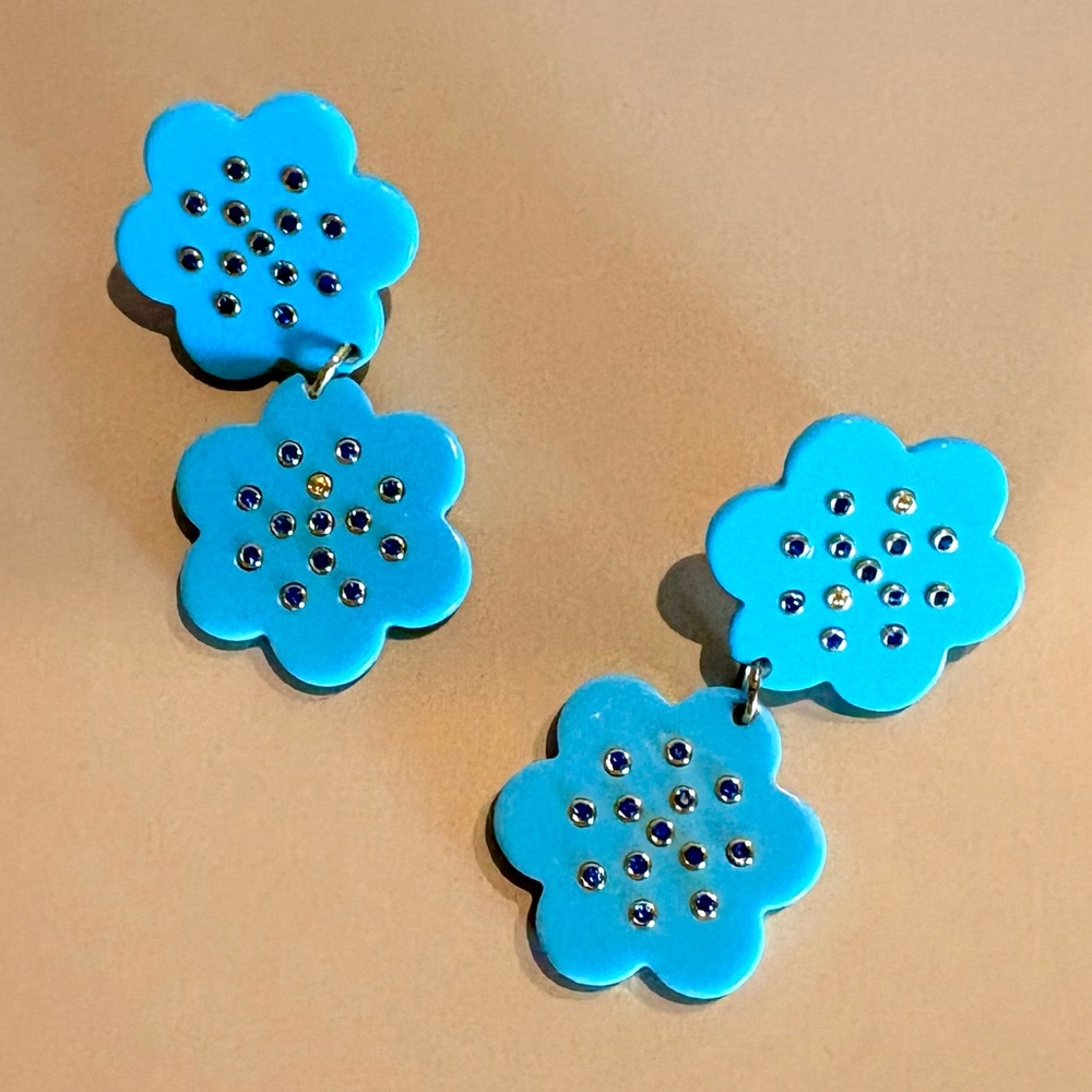 ASHA Flower Earrings in Turquoise and Dipped 14K Gold, EUC.